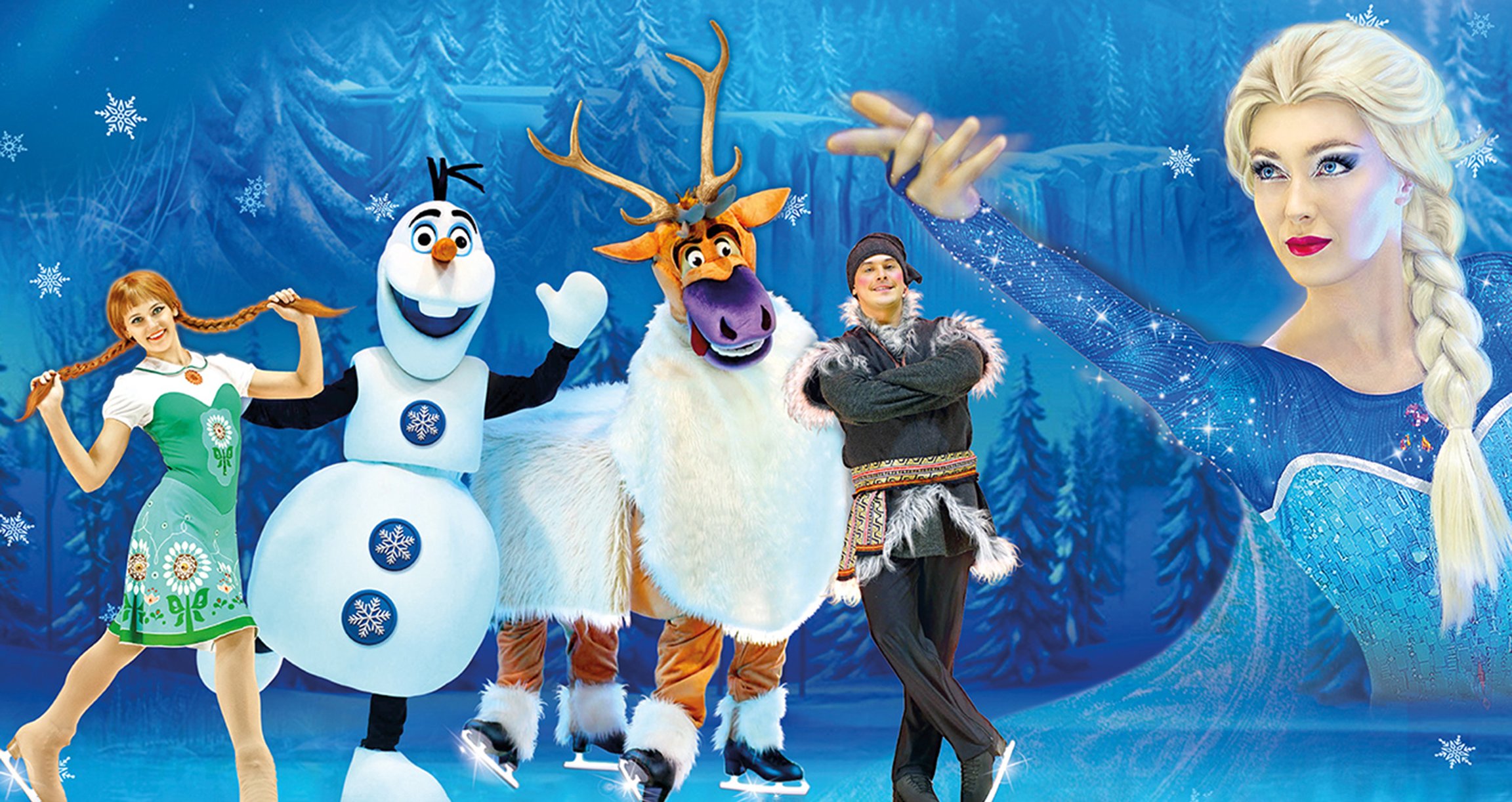 Zauberhafte Winterwelt mit animierten Figuren – inspiriert von „Frozen“, auf blauem Hintergrund mit Schnee und Magie.