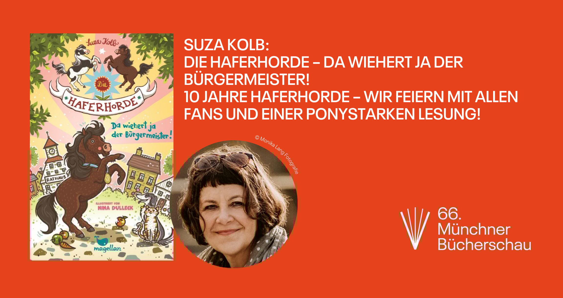 Grafik mit orangem Hintergrund, dem Buchcover und einem Autorenbild 