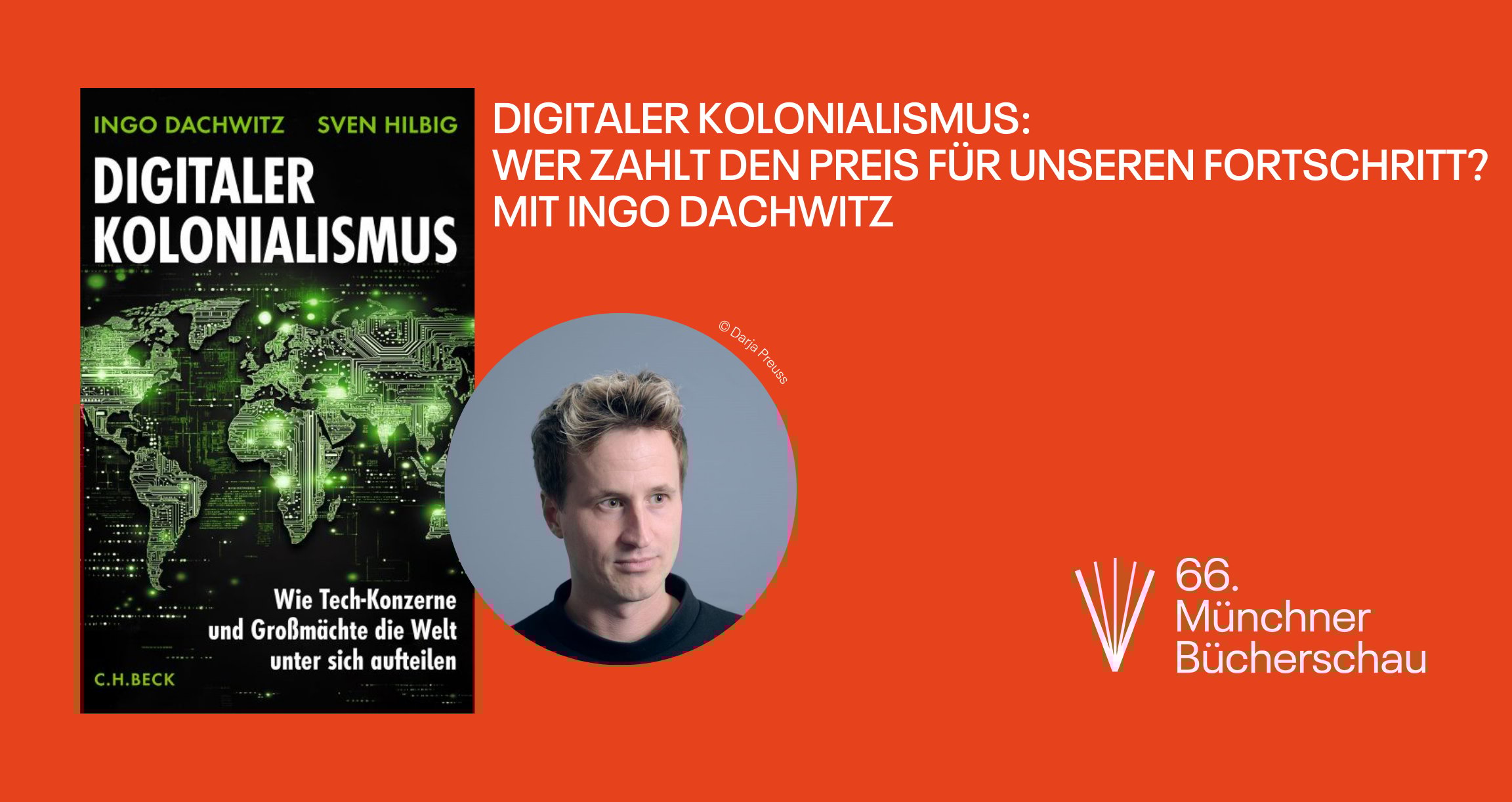 Grafik mit orangenem Hintergund, einem Buchcover und dem Foto einer Person.