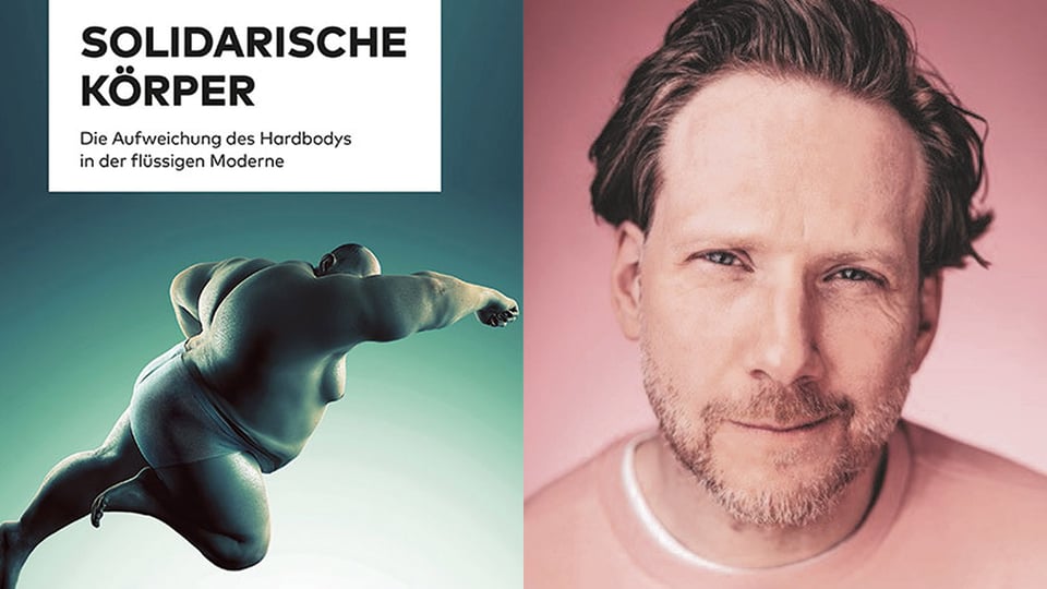 Ein Collage für die Veranstaltung 'SOLIDARISCHE KÖRPER – Lesung Björn Vedder', mit dem Gesicht eines Mannes in Rosatönen auf der einen Seite und einer Person in Blautönen auf der anderen Seite