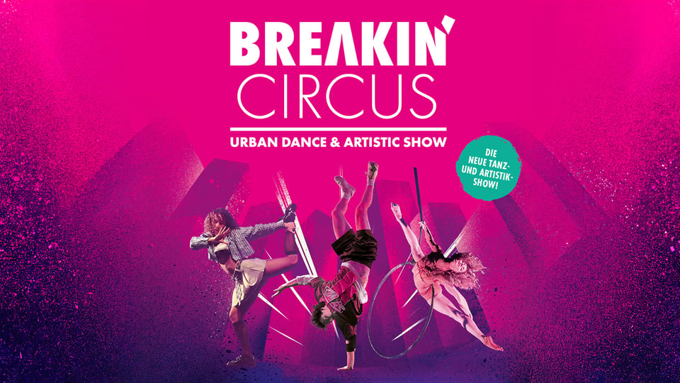 Werbegrafik Breakin’ Circus mit pinkem Hintergrund und drei Artist:innen in akrobatischen Posen.