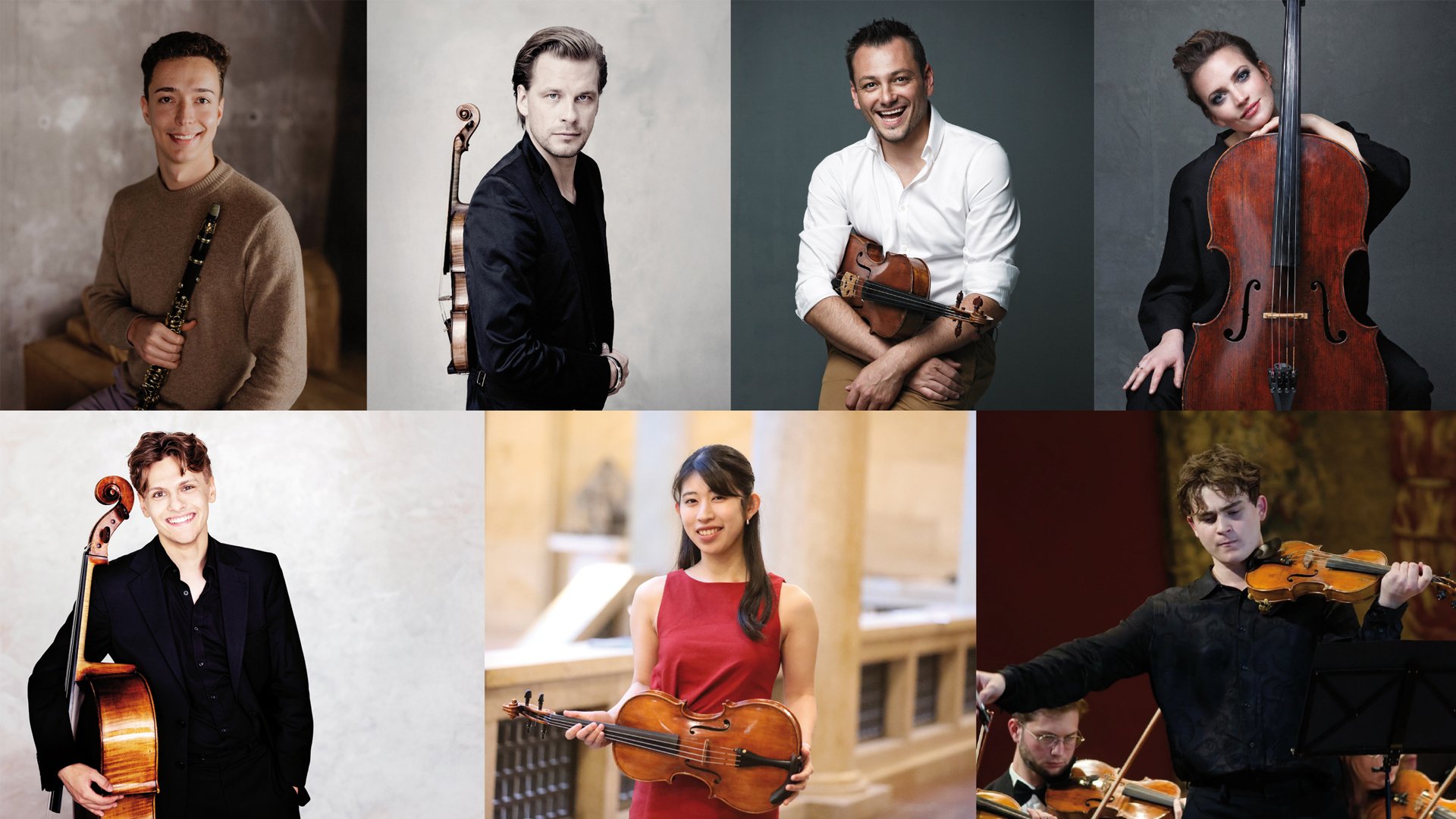 Collage mit mehreren Musikerporträts mit Violine Cello und Klarinette in Studio und Konzertumgebung