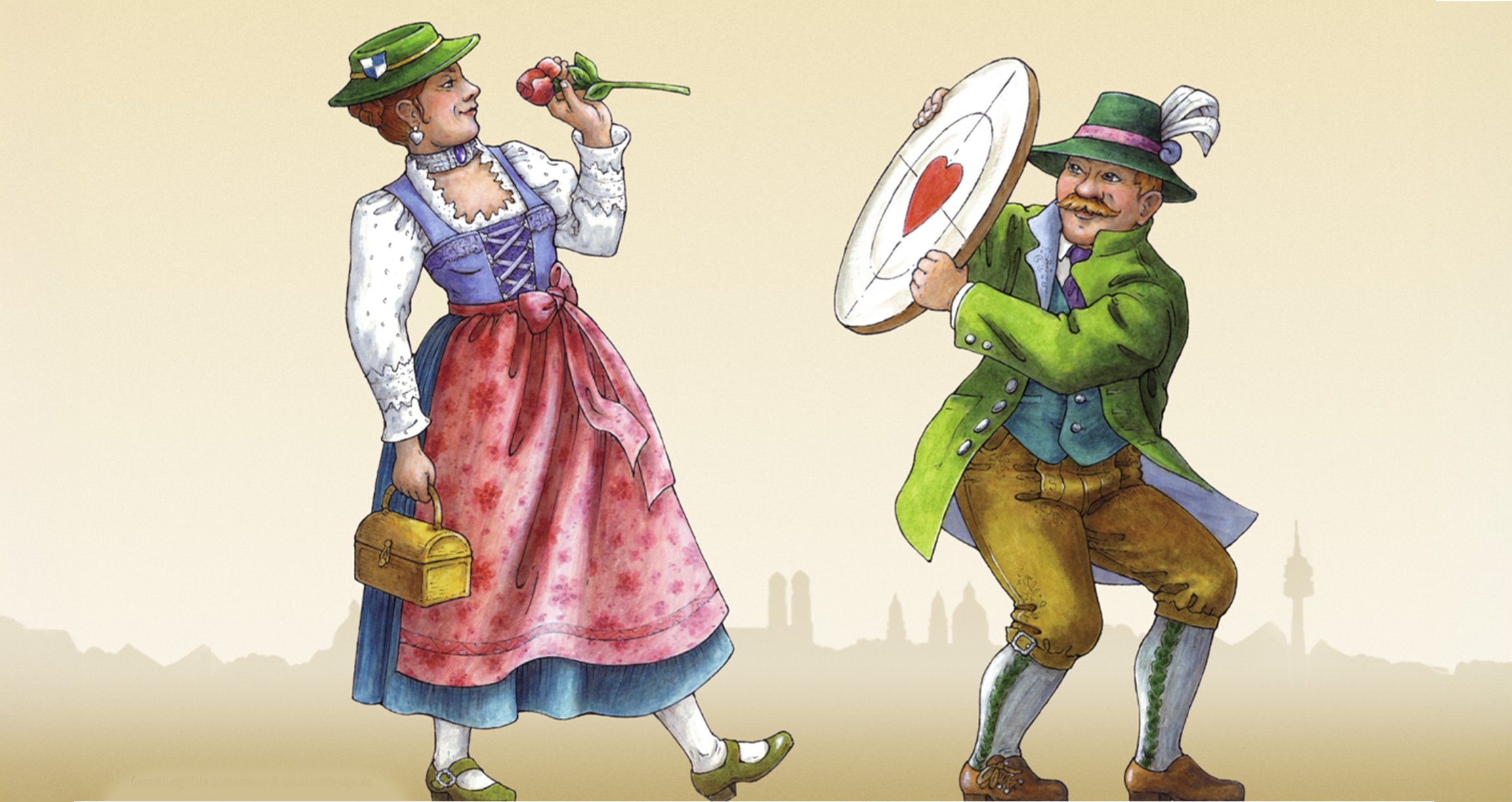 Eine Illustration eines Mannes mit einer Zielscheibe und einer Frau, die eine Blume auf die Zielscheibe wirft – beide in traditioneller bayerischer Tracht
