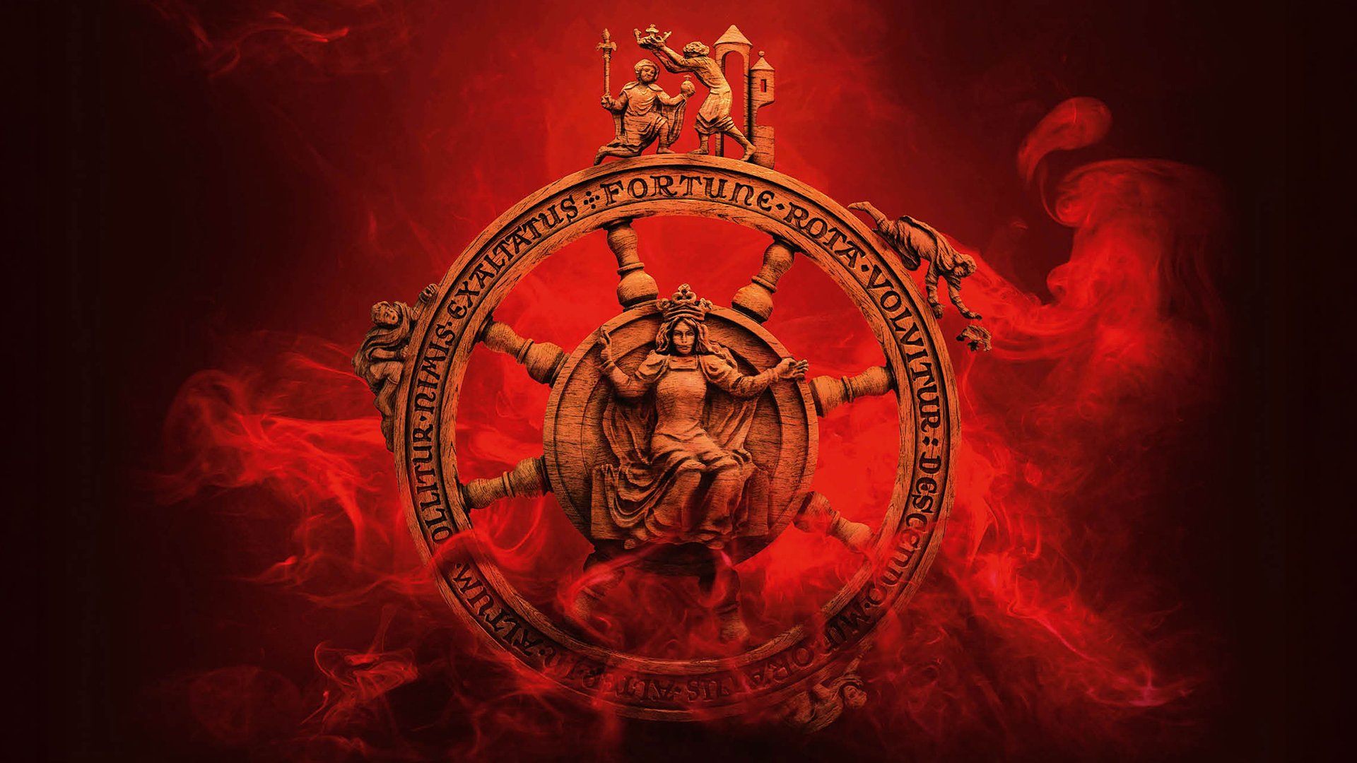 Rotes Bühnenmotiv mit dem „Rad der Fortuna“ (Fortuna-Rad) und lateinischer Inschrift, umgeben von Rauch, zentrales Symbol von „Carmina Burana“ als visuelles Key Visual für Konzert- und Opernaufführungen.