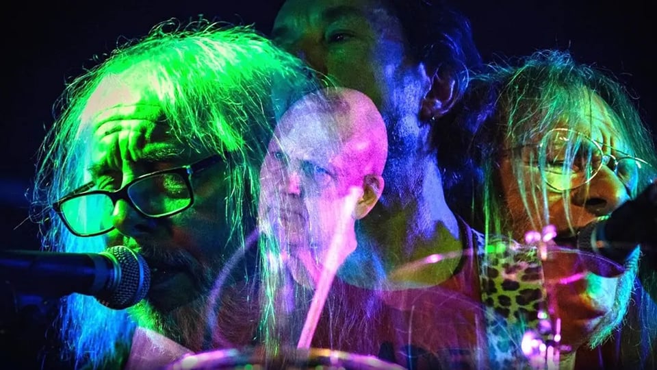 Bildmotiv zum Konzert von The Bevis Frond: Mehrfachbelichtete Bühnenaufnahme mit übereinandergelegten Porträts einer musizierenden Person mit Mikrofon und Schlagzeug. Kräftige grüne, blaue und violette Lichtfarben prägen die Szene und erzeugen einen psychedelischen Eindruck.