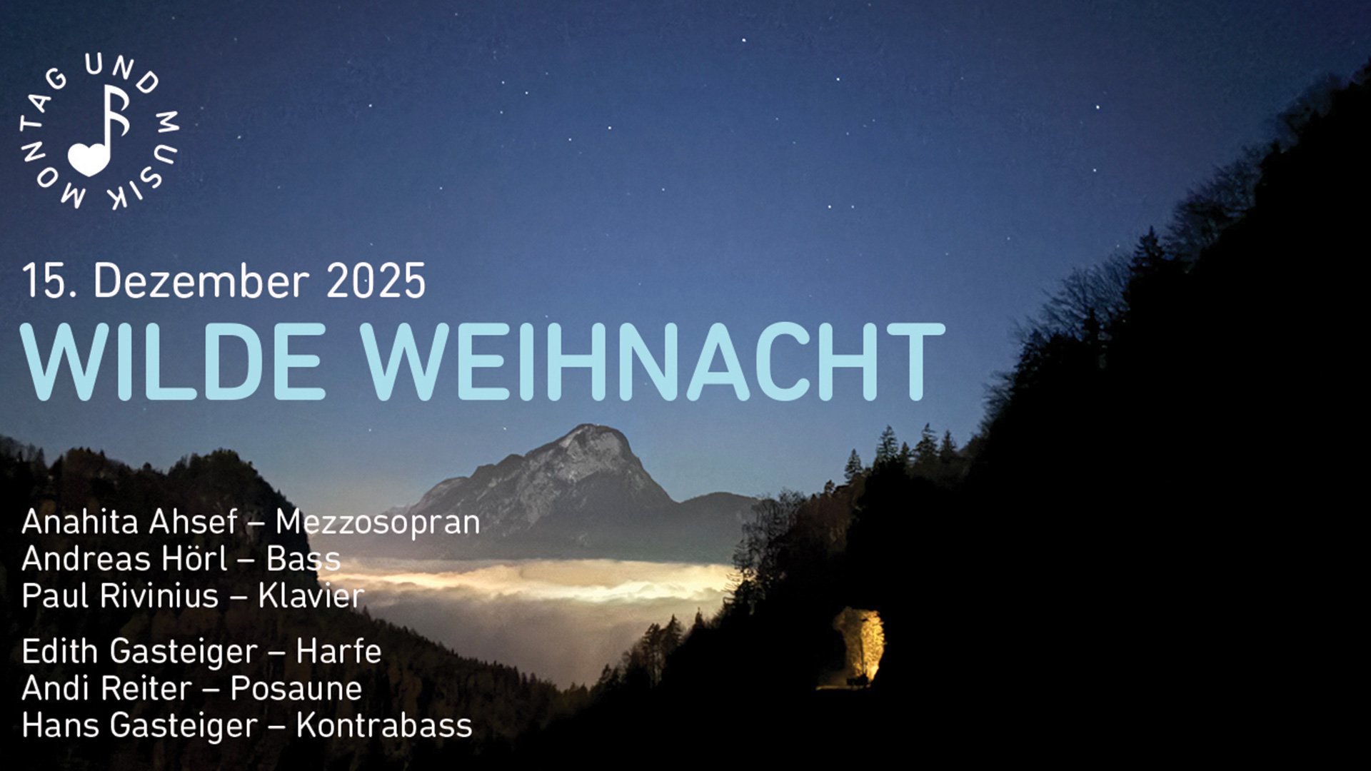 Foto für das Event ‚Wilde Weihnacht‘ mit einem Bild einer sternenklaren Nacht in den Bergen und einer Typografie mit dem Namen des Events und den Künstlern.