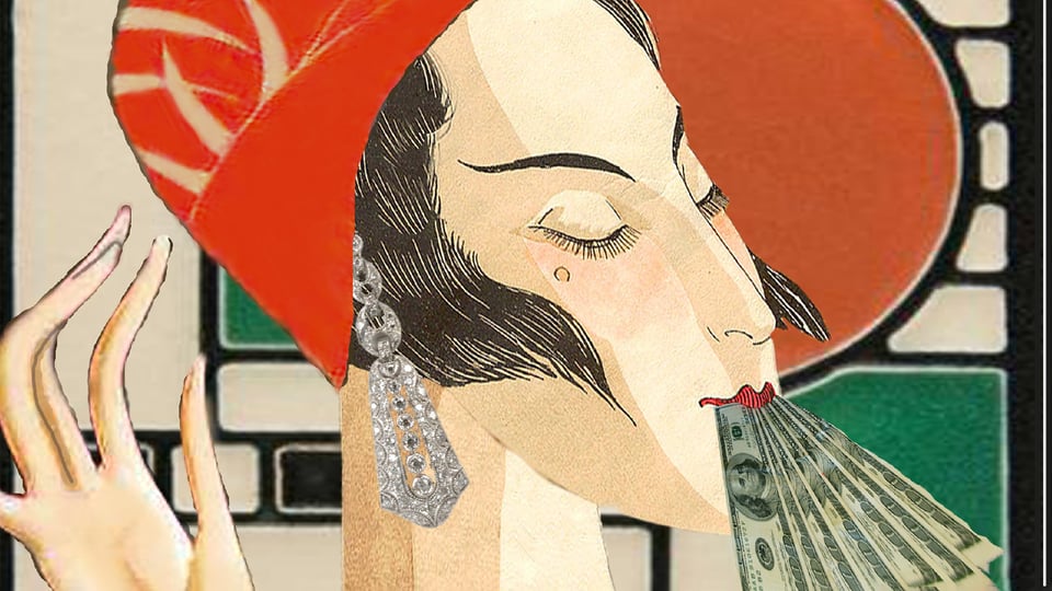 Eine Illustration einer Frau mit Geldscheinen im Mund für die Veranstaltung THE GREAT GATSBY.