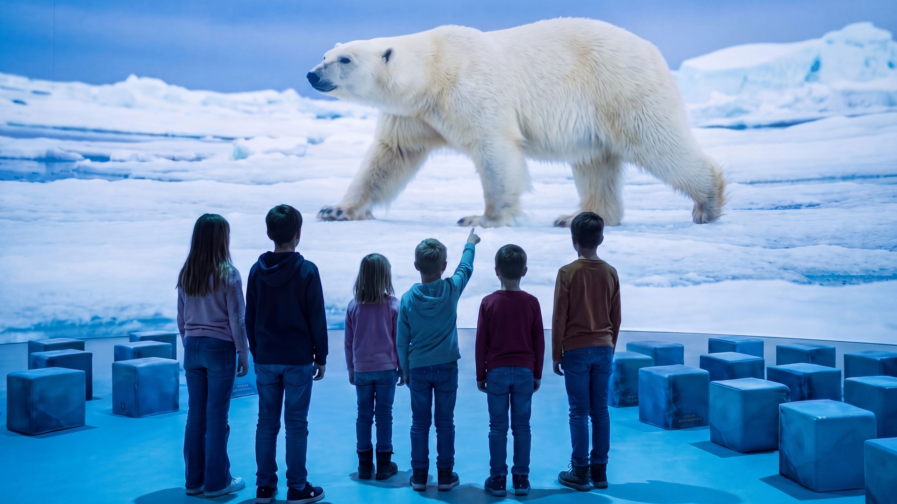 Sechs Kinder betrachten in einem immersiven Ausstellungsraum der Polarwelten die Projektion eines Eisbären in einer arktischen Eislandschaft. Ein Kind zeigt auf das Tier, während blaue Sitzwürfel vor der großflächigen Darstellung verteilt sind.
