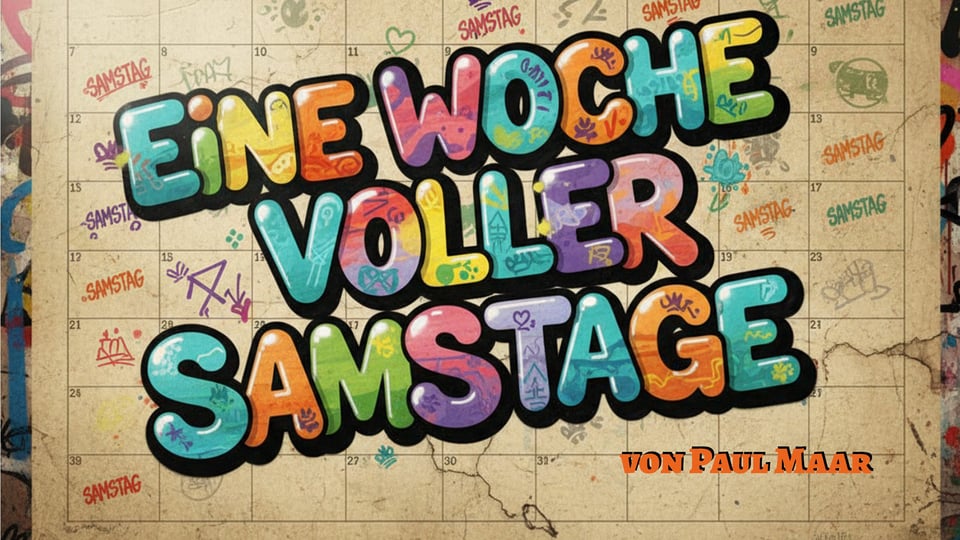 Buntes Plakat mit Schriftzug Eine Woche voller Samstage vor Kalenderhintergrund.