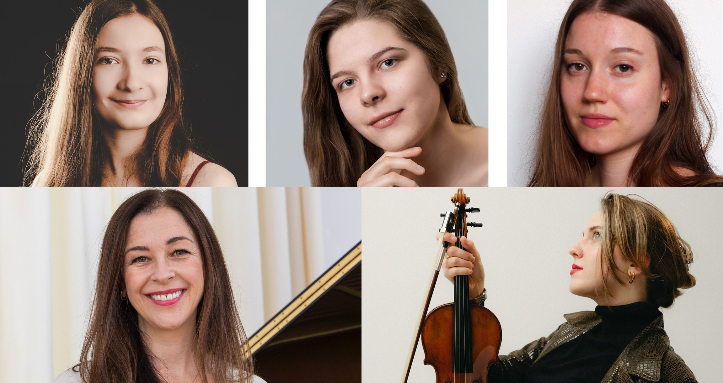 Collage mit 5 Portraits von Damen, eine mit Instrument
