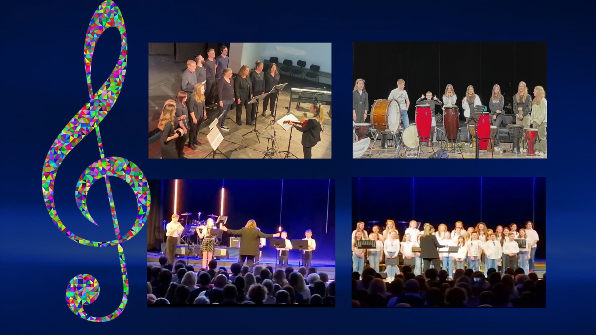 Eine Collage auf blauem Hintergrund mit Violinschlüssel in bunt links im Bild und vier Fotos von Musiker*innen der Realschule Miesbach zu verschiedenen Anlässen