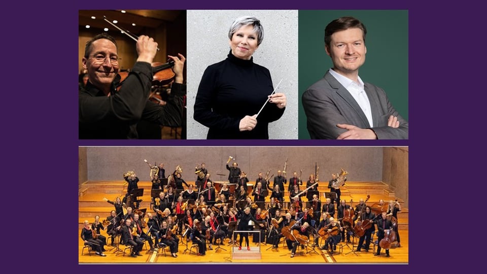 Bildmotiv zum Event „Klangmagie“: Oben drei Porträtfotos von Mitwirkenden, darunter ein großes Orchester auf einer Konzertbühne mit vielen Streich‑ und Blasinstrumenten. Die Bildgestaltung ist als Collage auf violettem Hintergrund angelegt.