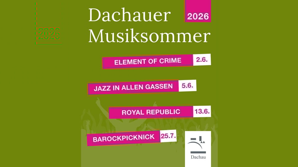 Veranstaltungsplakat des Dachauer Musiksommer 2026 – mit typografischen Elementen auf grünem Hintergrund