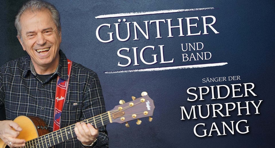 Plakat der Veranstaltung mit dem Künstler mit Gitarre, weißer Schrift auf blauem Hintergrund.
