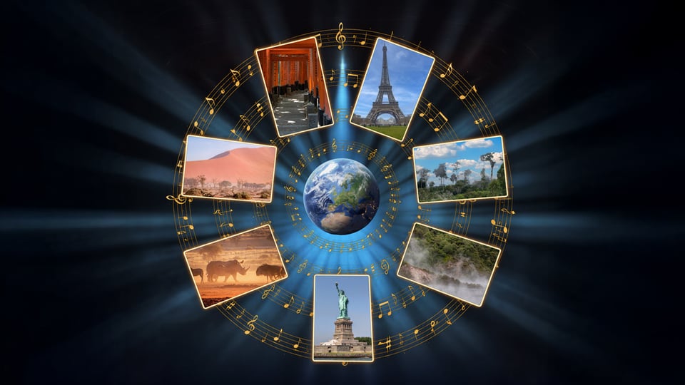 Motiv zu In 80 Takten um die Welt mit einer Erdkugel im Zentrum, umgeben von einem Kreis aus Notenzeilen und Fotografien internationaler Wahrzeichen und Landschaften, darunter Eiffelturm, Freiheitsstatue, Wüstenlandschaft, Regenwald und Nashörner vor dunkelblauem Hintergrund mit Lichtstrahlen