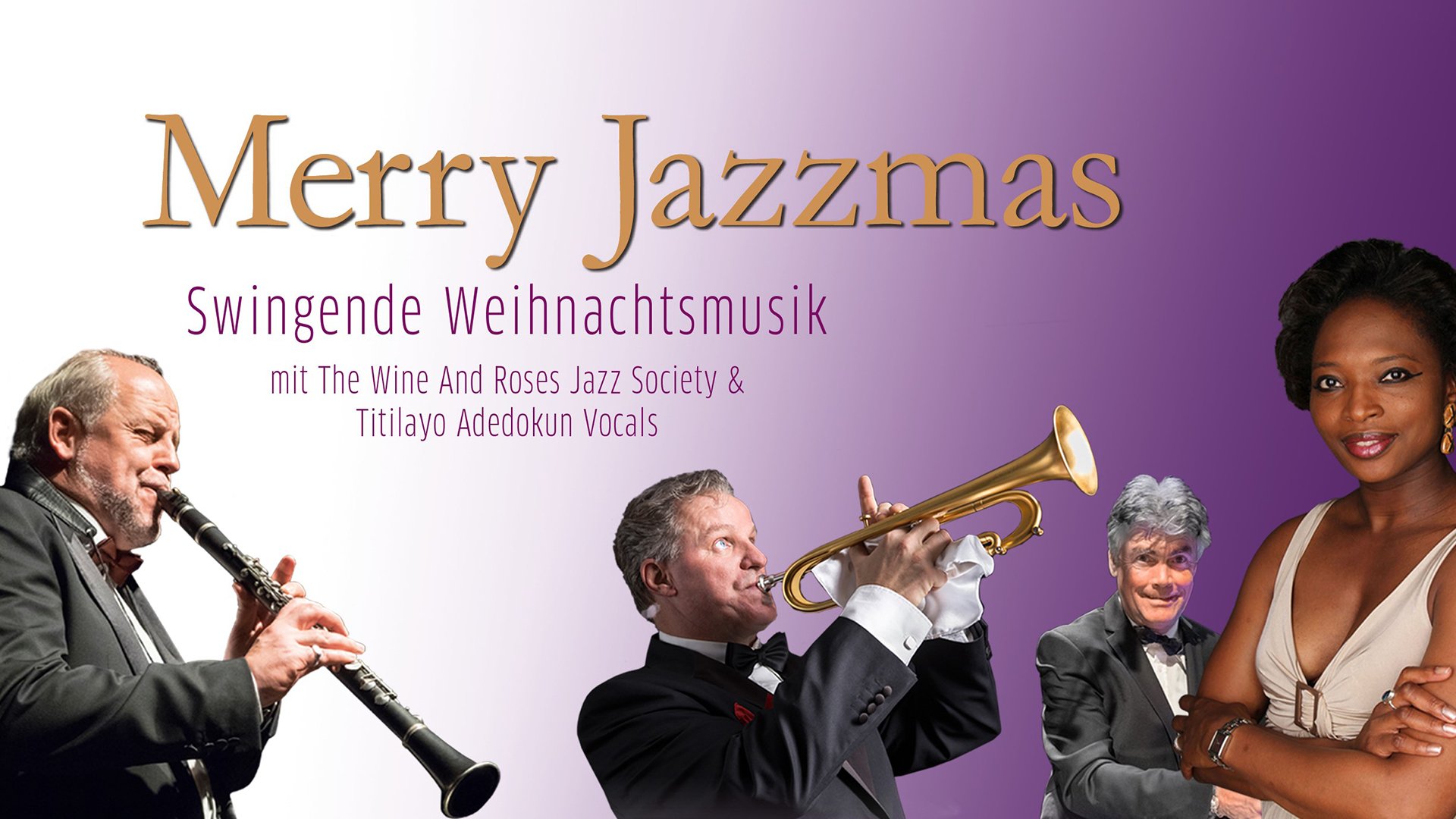 Veranstaltungsplakat Merry Jazzmas mit swingender Weihnachtsmusik und Liveauftritt von The Wine And Roses Jazz Society und Titilayo Adedokun mit Klarinette Trompete und Gesang vor violettem Farbverlauf