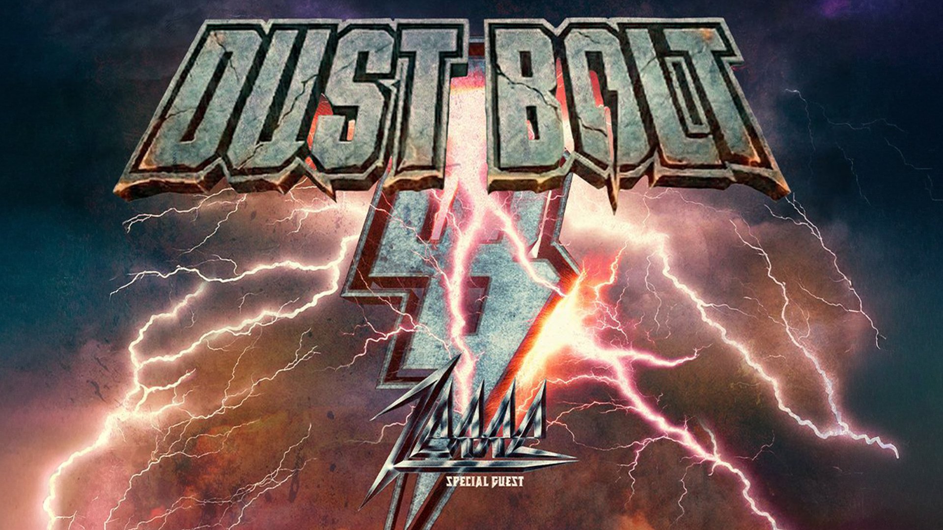 Grafik mit Logo der Band Dust Bolt und Zerre mit Blitzen auf dunklem Hintergrund
