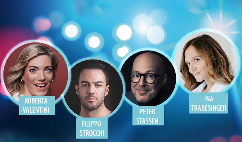 vier Künstler in runden Portraits mit blauen Hintergrund