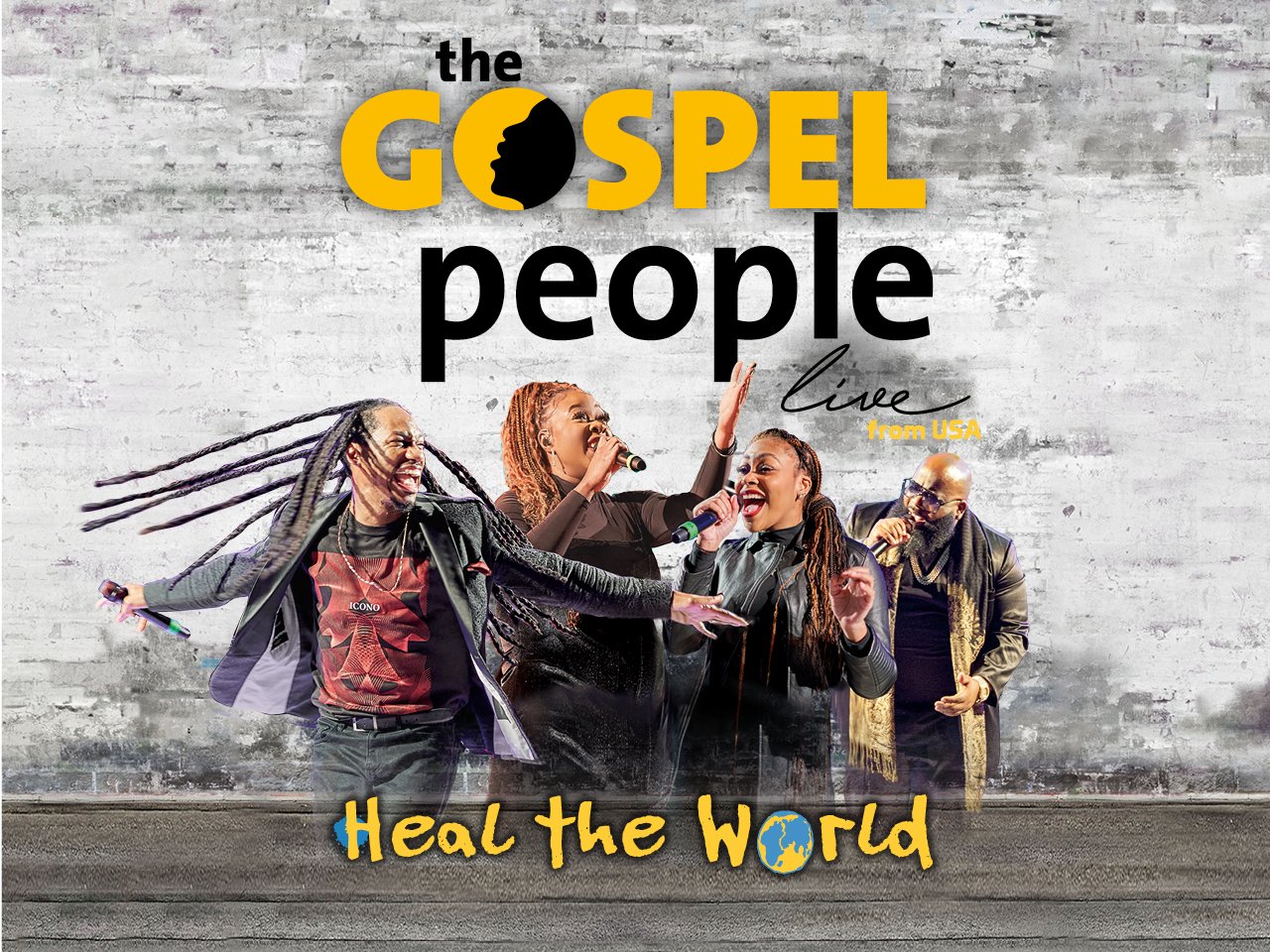 Veranstaltungsplakat von The Gospel People mit den Künstlern und einer schwarz-gelben Typografie.