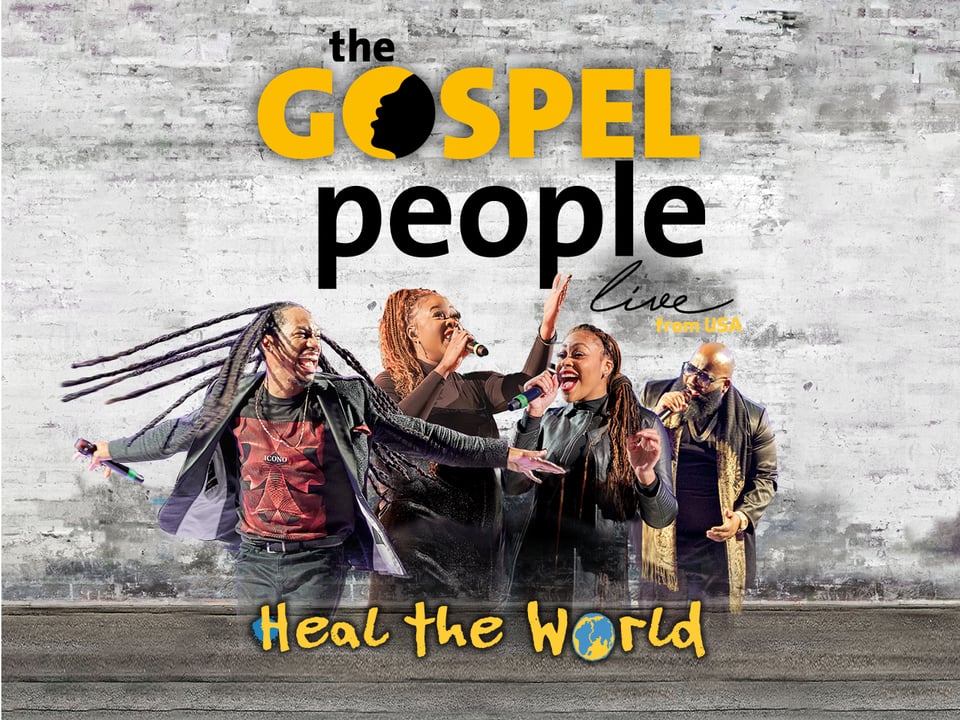 Veranstaltungsplakat von The Gospel People mit den Künstlern und einer schwarz-gelben Typografie.