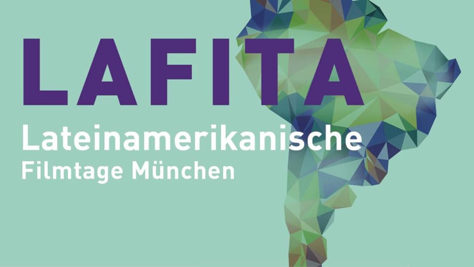 Plakat für die Veranstaltung ‚LAFITA – Lateinamerikanische Filmtage München 2025‘ mit einer Illustration von Afrika und einer Typografie in Lila und Weiß auf einem mintfarbenen Hintergrund