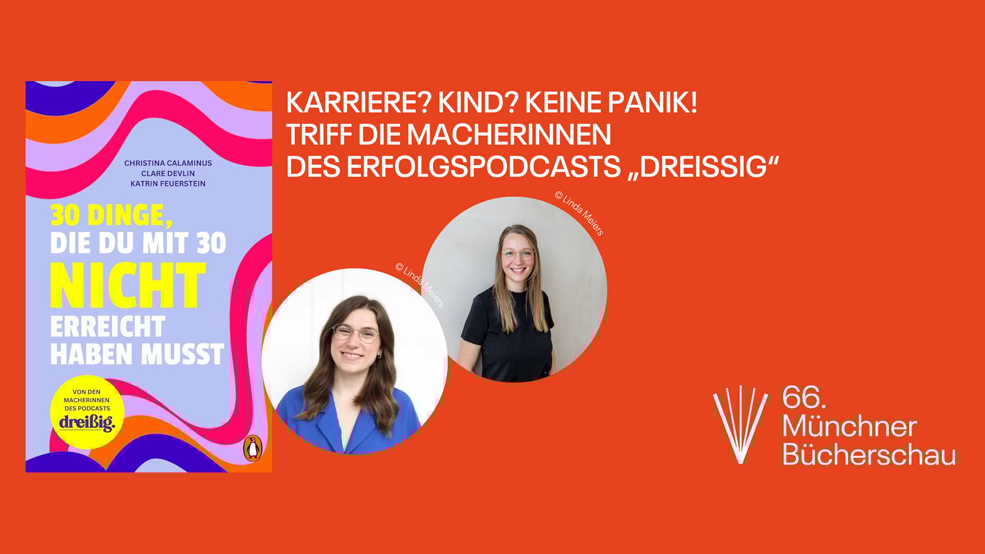 Grafik auf orangem Hintergrund mit Buchcover und zwei Personen