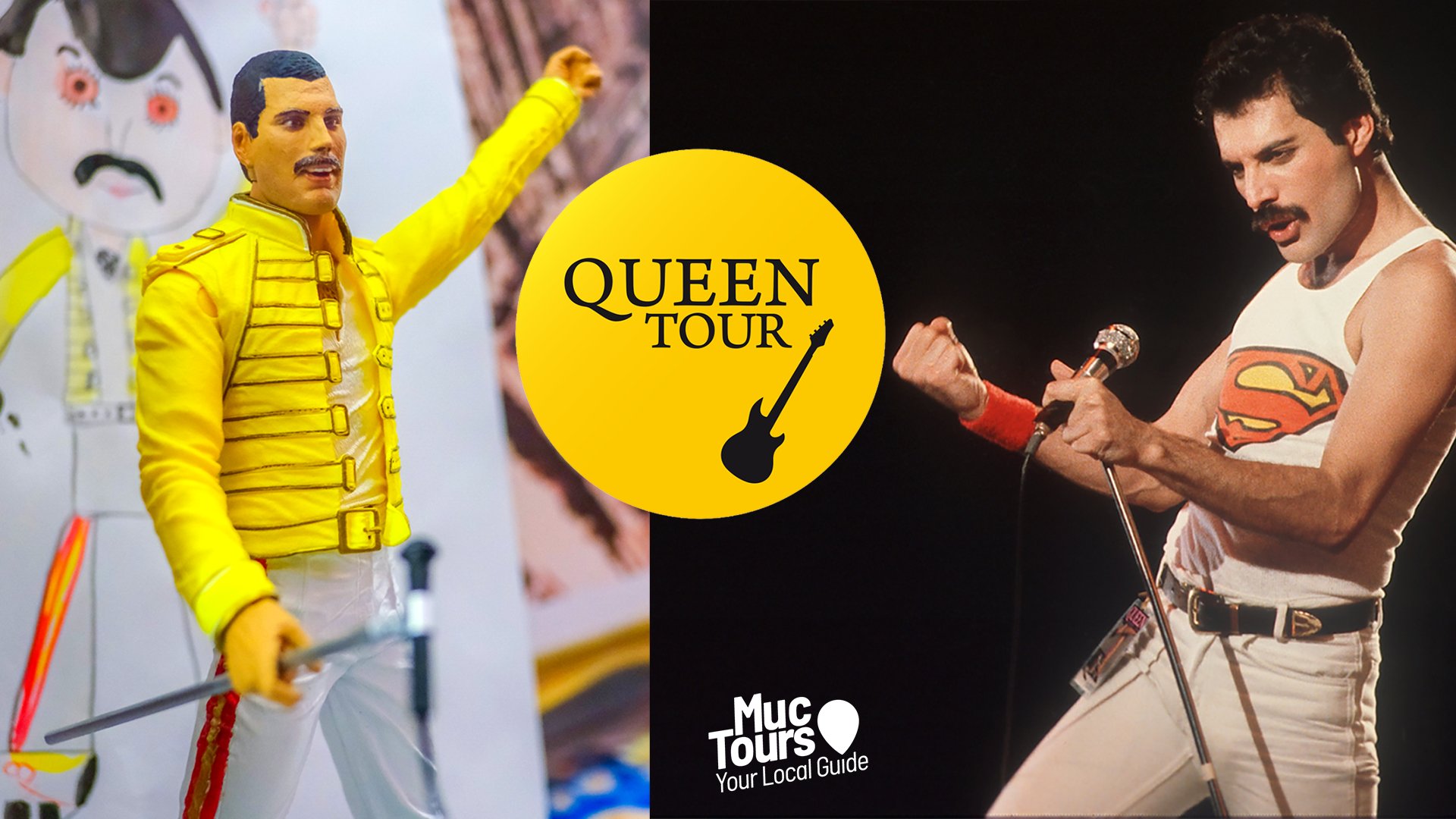 Foto für das Event MucTours – Queen Tour Specials 2025/2026: auf einer Seite des Bildes eine Queen-Figur, auf der anderen Seite eine Person bei einer Queen-Interpretation.