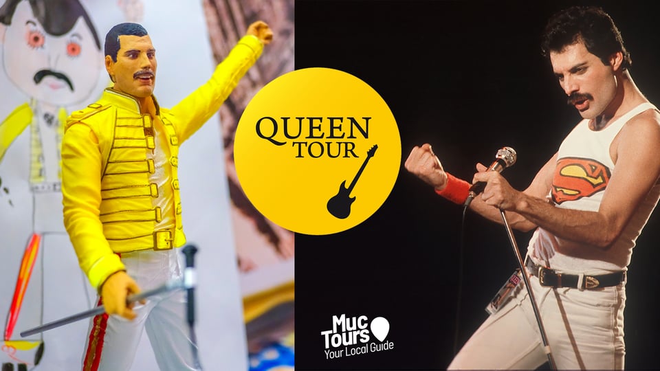 Foto für das Event MucTours – Queen Tour Specials 2025/2026: auf einer Seite des Bildes eine Queen-Figur, auf der anderen Seite eine Person bei einer Queen-Interpretation.