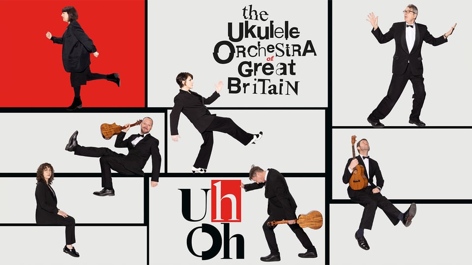 Collage mit mehreren Musikerinnen und Musikern in schwarzen Anzügen, einige mit Ukulelen in verschiedenen Posen vor grafischem Hintergrund – Motiv für „The Ukulele Orchestra of Great Britain“