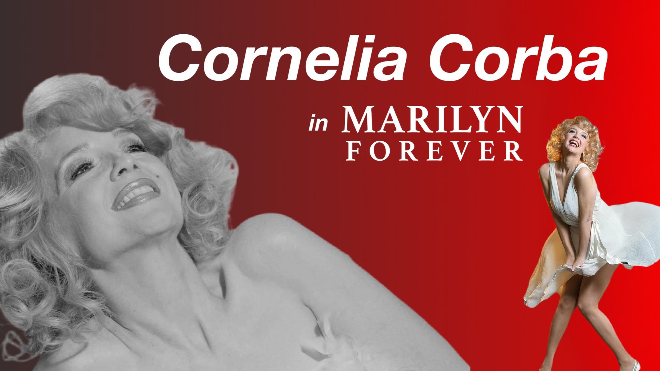 Plakat in rot mit weißer Aufschrift und zwei Fotos der Künstlerin