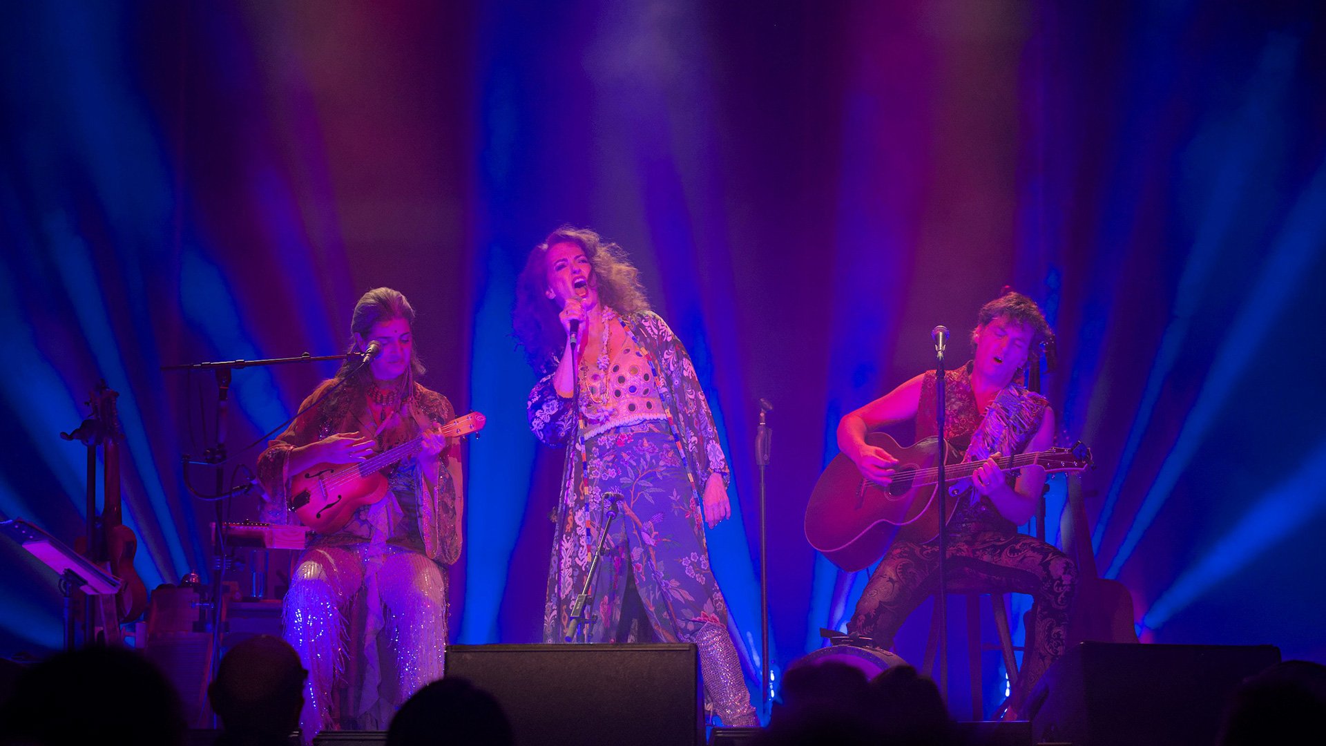 Foto para el evento de Das Hippie Kammerorchester con los artistas en el escenario iluminados con luces azules.