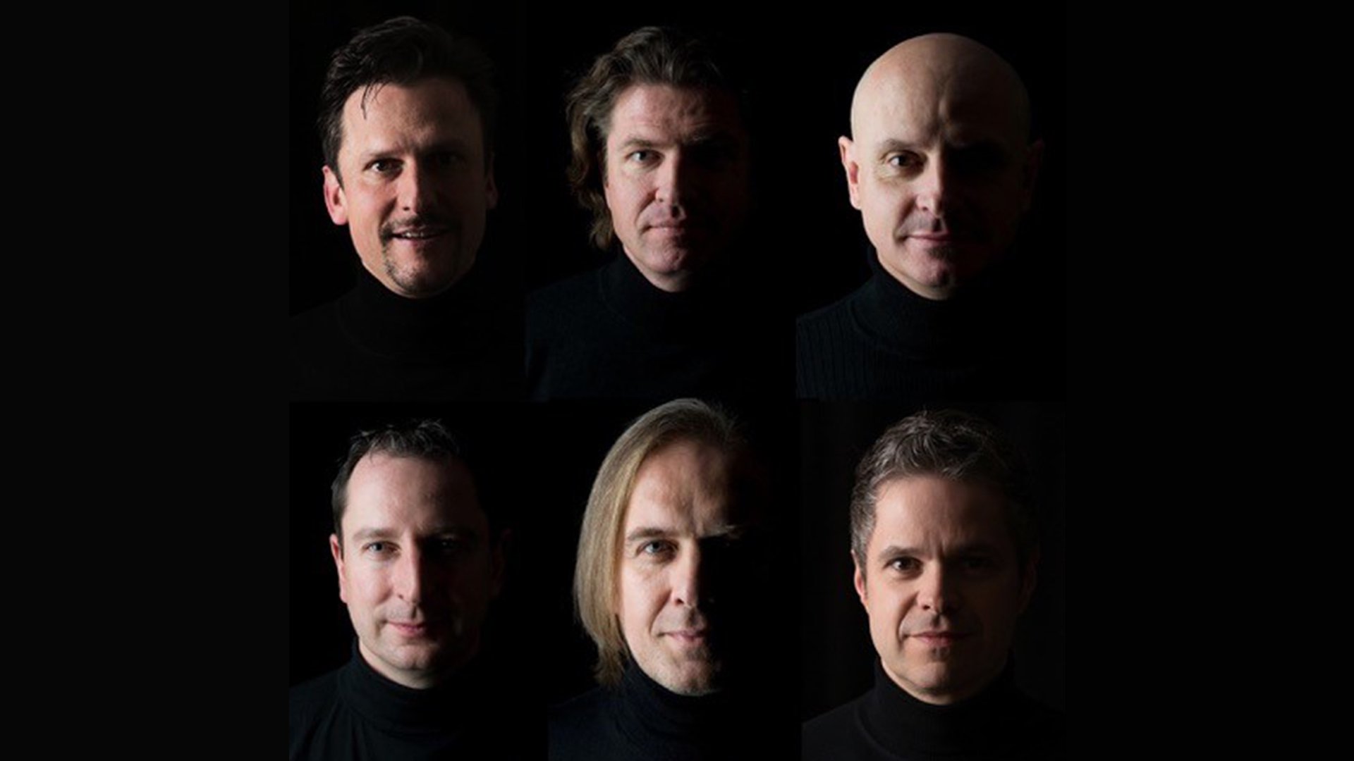 Collage aus sechs Portraits der Künstler auf schwarzem Hintergrund