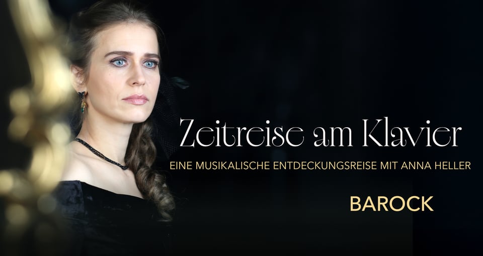 Grafik mit Foro von Dame und Konzertankündiung auf schwarzem Hintergrund