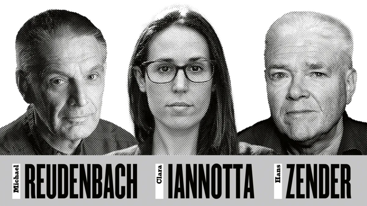 Collage von drei schwarz-weiss Portraits der Künstler Reudenbach, Iannotta und Zender verpixelt für die Konzertreihe Musica Viva