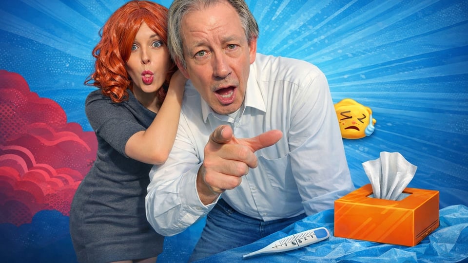 Illustration zum Event ‚Männerschnupfen – Comedy Dinner Show‘ mit Thermometer, Taschentüchern sowie einem Mann und einer Frau mit Perücke.