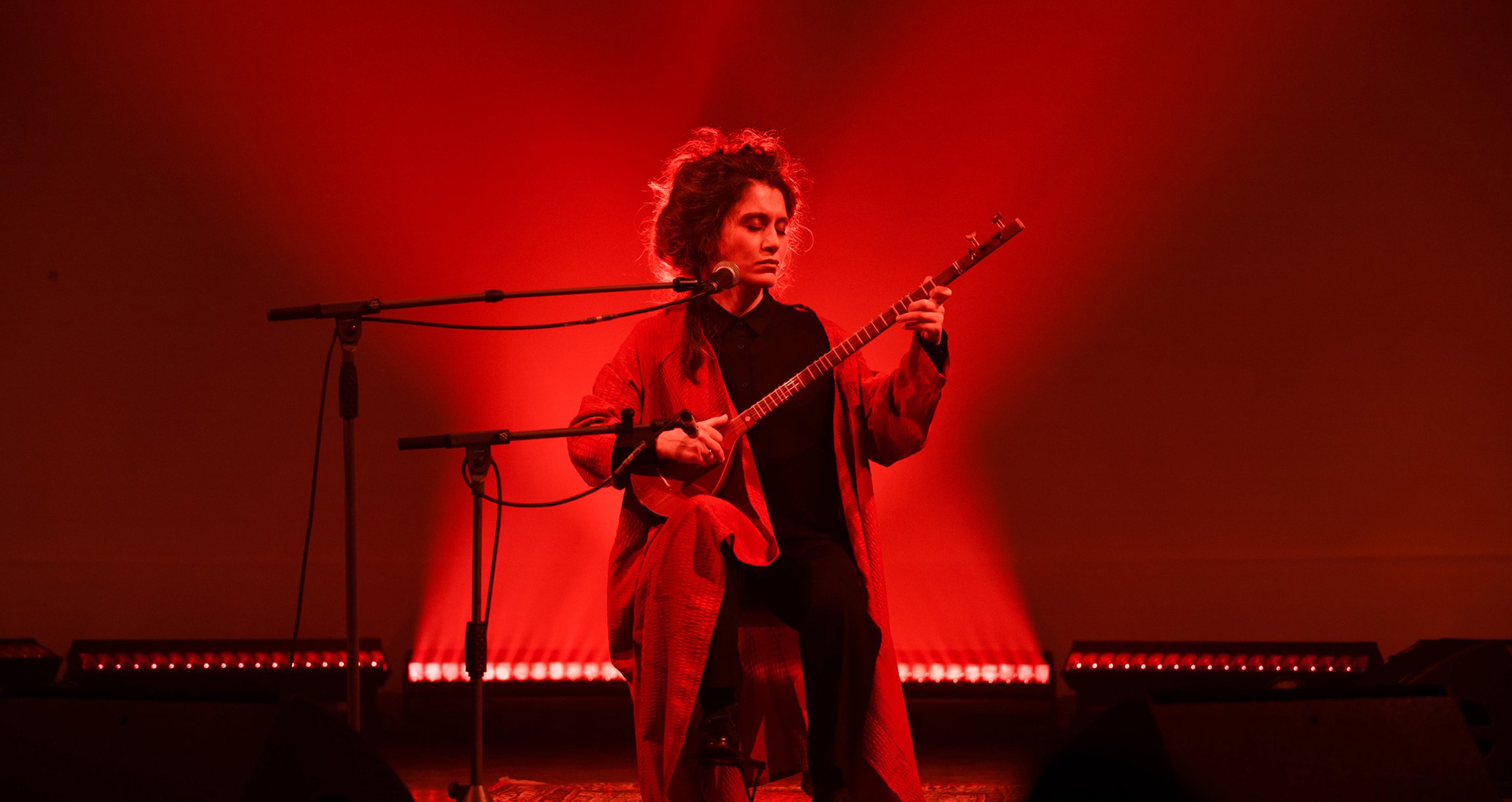 Foto des Künstlers „Elshan Ghasimi“ auf einer Bühne mit roten Lichtern beim Spielen eines Instruments
