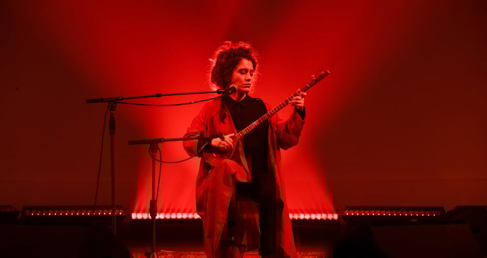 Foto des Künstlers „Elshan Ghasimi“ auf einer Bühne mit roten Lichtern beim Spielen eines Instruments