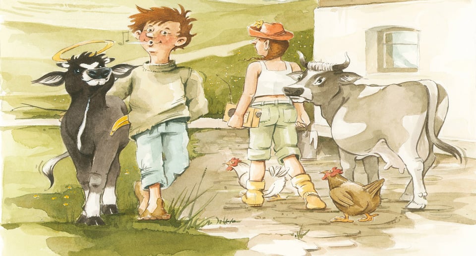 Eine Zeichnung von einem Mann und einer Frau auf einem Bauernhof mit Tieren, Hühnern und Kühen