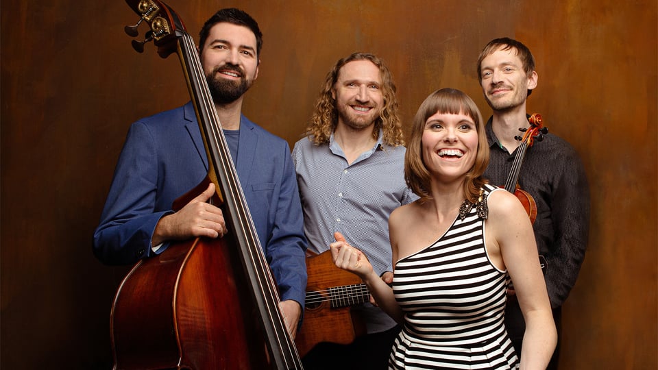 Foto für das Konzert von Marion & Sobo, mit den Musikern vor einem braunen Hintergrund