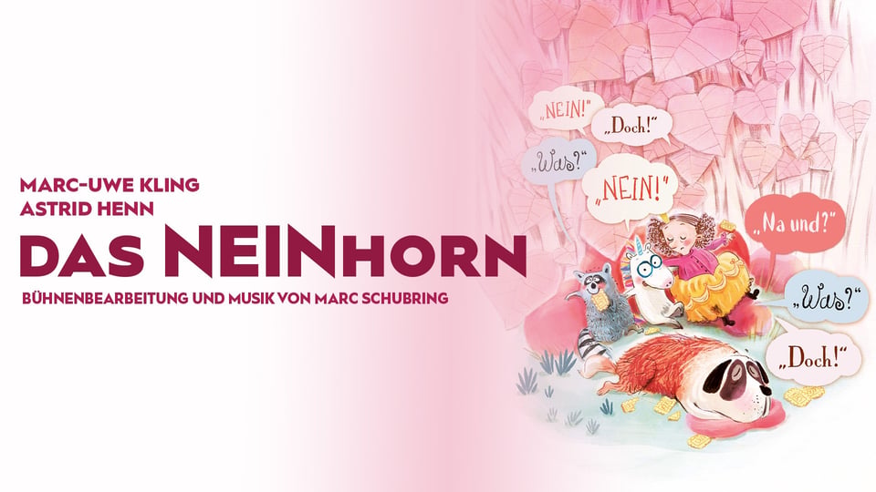 Banner zum Theaterstück „Das Neinhorn“ mit Titeltext und farbenfroher Illustration eines Einhorns, eines Kindes und weiterer Tierfiguren mit Sprechblasen.