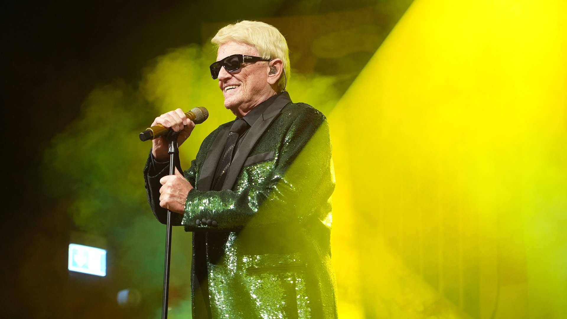 Heino mit blondem Haar trägt eine glänzende, dunkelgrüne Glitzerjacke und steht auf einer Bühne vor gelbem Lichtnebel; sie hält ein Mikrofonständer-Mikrofon mit beiden Händen fest.
