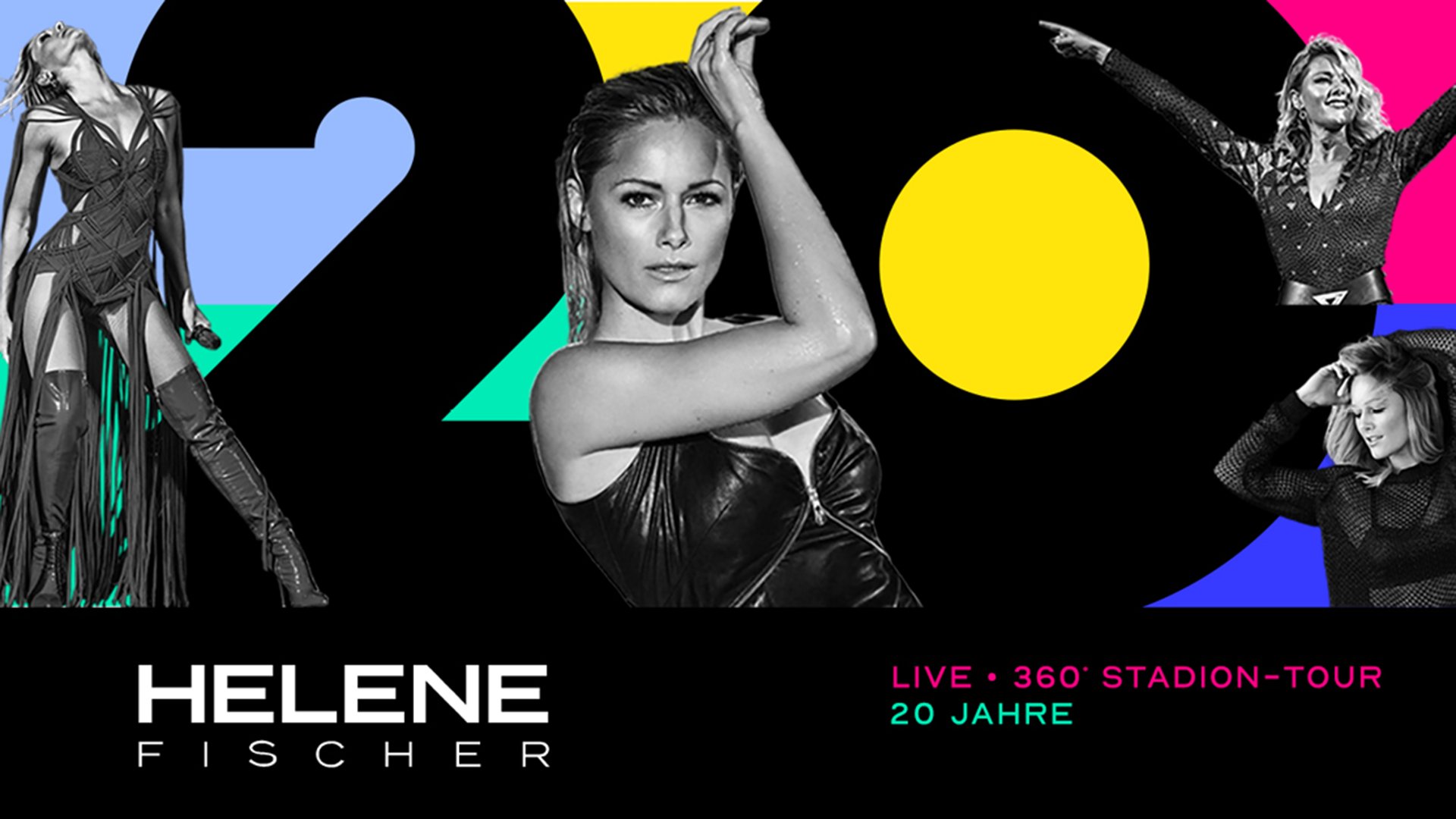 Foto für das HELENE FISCHER Event – eine Collage mit Bildern der Künstlerin, im Hintergrund eine große schwarze 20, mit Farbtönen in Gelb, Blau, Rosa und Grün.