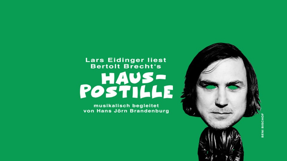 Grünes Plakat mit dem Kopf von Lars Eidinger ohne Augen und Aufschrift in weiß zur Veranstaltung 