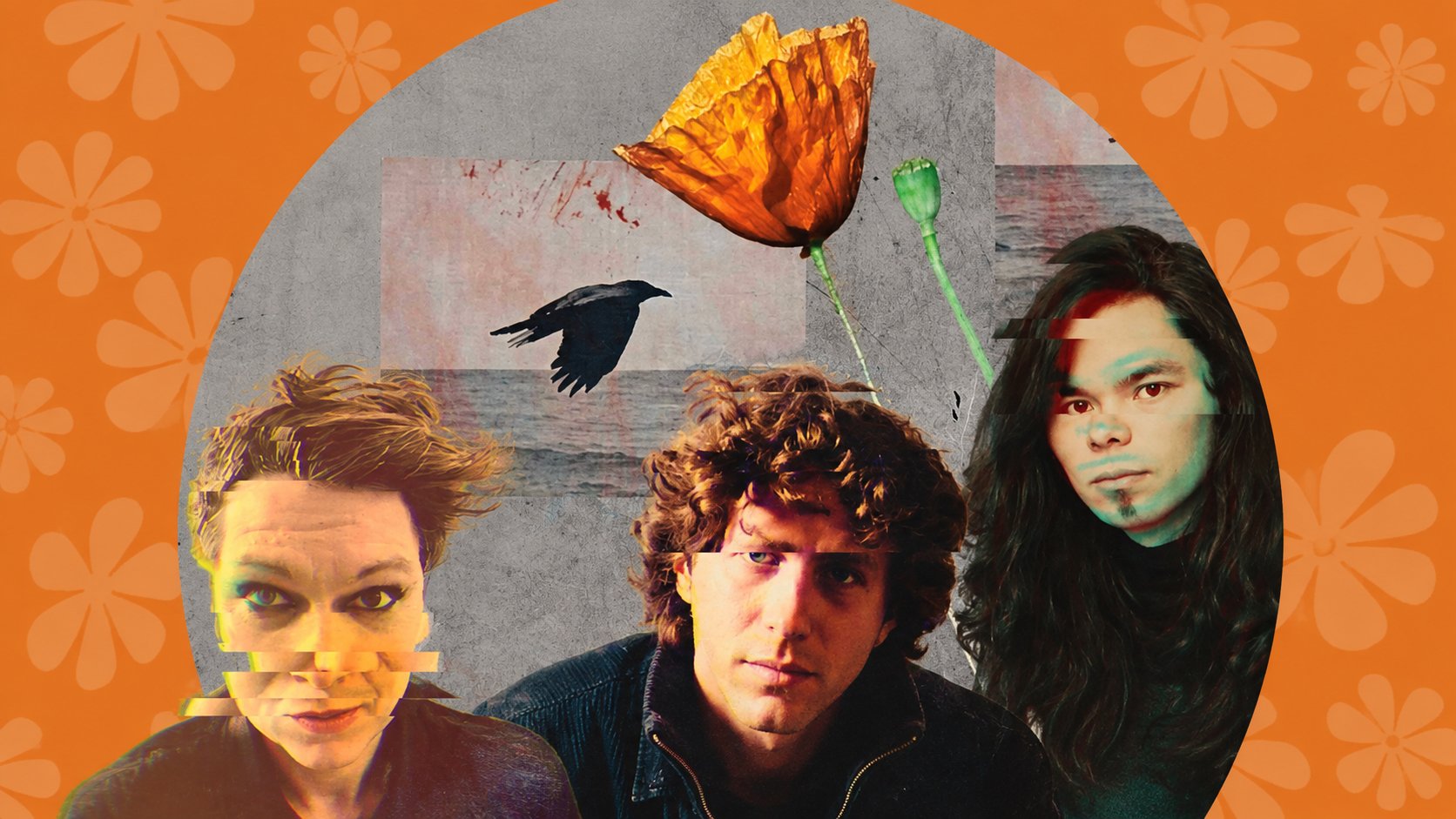 Künstlerische Collage mit drei Porträts vor orangefarbenem Hintergrund mit Blumenmustern. Eine große orange Blüte, ein schwarzer Vogel und grafische Überlagerungen ergänzen die verfremdeten Porträts im Collage-Stil.