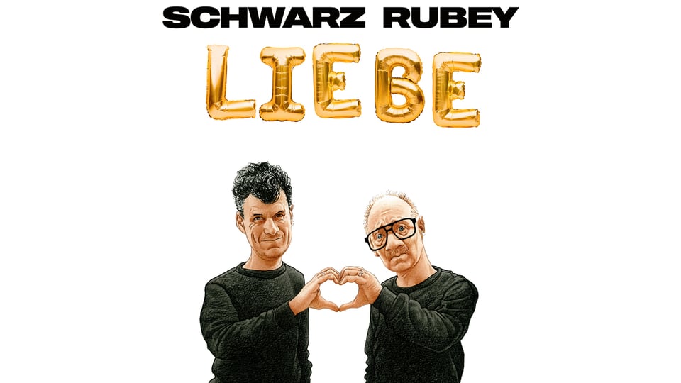Plakat Schwarz Rubey Liebe mit zwei gezeichneten Personen in schwarzen Pullovern die mit ihren Händen ein Herz formen darunter großer goldener Schriftzug Liebe auf hellem Hintergrund