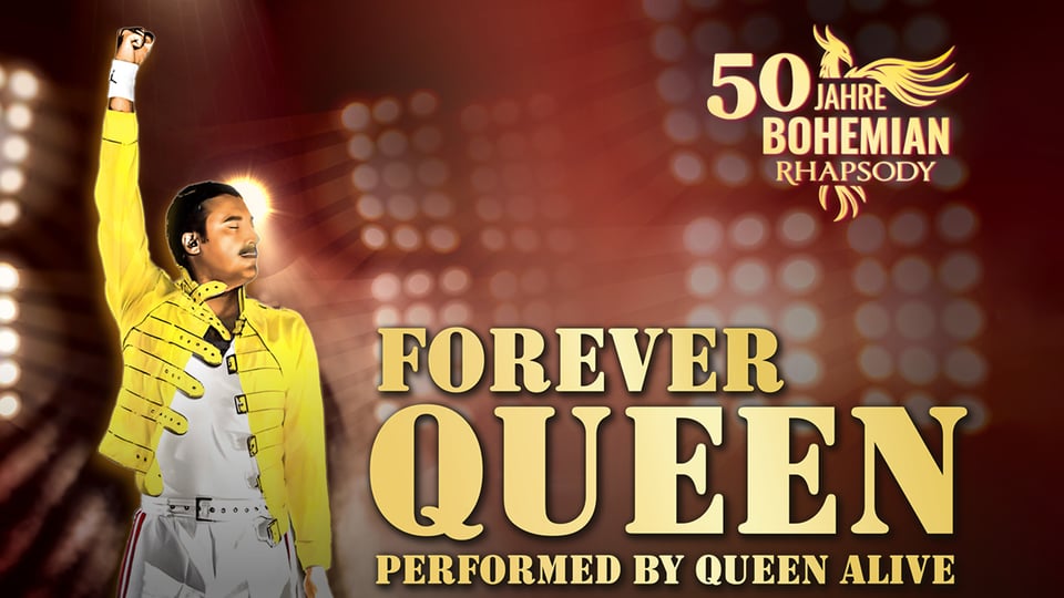 Grafik mit Scheinwerfern und goldener Aufschrift sowie eine Zeichnung des Darstellers von Freddie Mercury