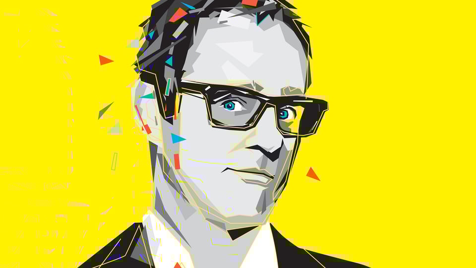 Moderne, grafische Illustration von Vince Ebert mit Brille und kurzen dunklen Haaren vor leuchtend gelbem Hintergrund, dargestellt in geometrischen Formen und Grautönen mit farbigen Akzenten