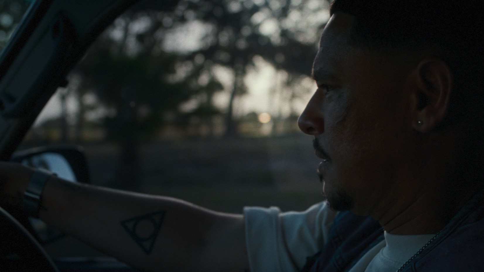 Filmszene aus The Heart Is a Muscle mit einer Person am Steuer eines Fahrzeugs in Seitenansicht, sichtbar sind ein Tattoo am Unterarm, ein Ohrring sowie die vorbeiziehende Landschaft durch die Seitenscheibe bei gedämpftem Abendlicht.