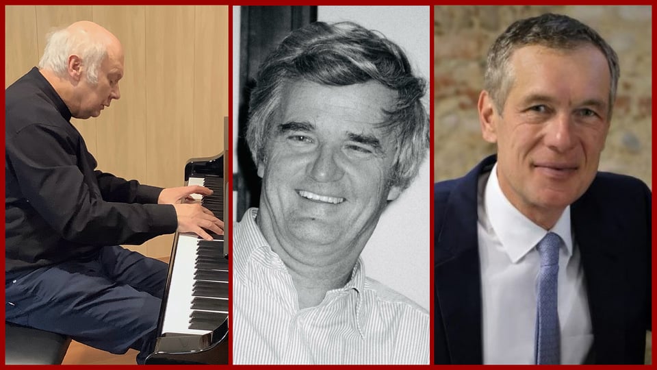Eine Collage vom Event "VON SPÄTER KLASSIK ZU FRÜHER ROMANTIK – Gesprächskonzert" mit dem Foto der drei Künstler