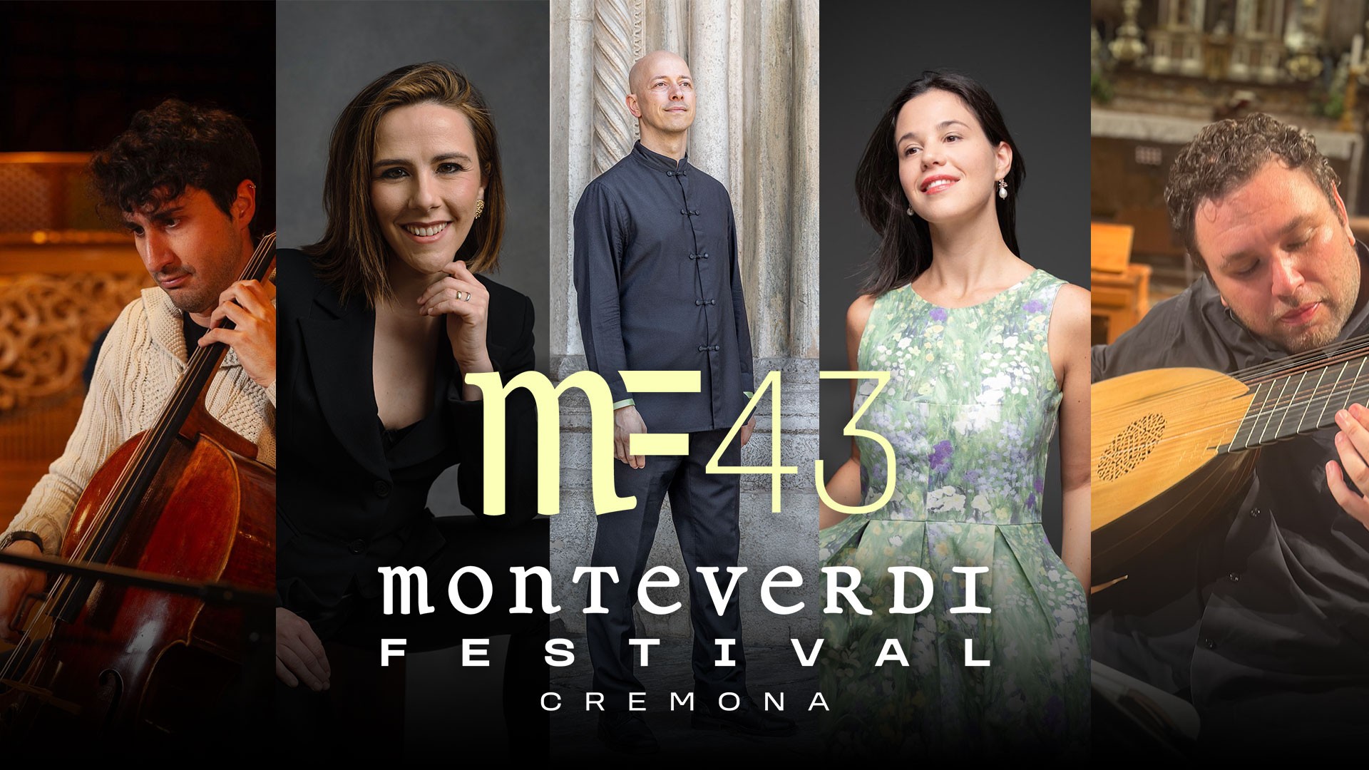 Werbegrafik für das Monteverdi Festival Cremona mit fünf Porträts von Musikerinnen und Musikern sowie dem Schriftzug m=43 Monteverdi Festival Cremona.